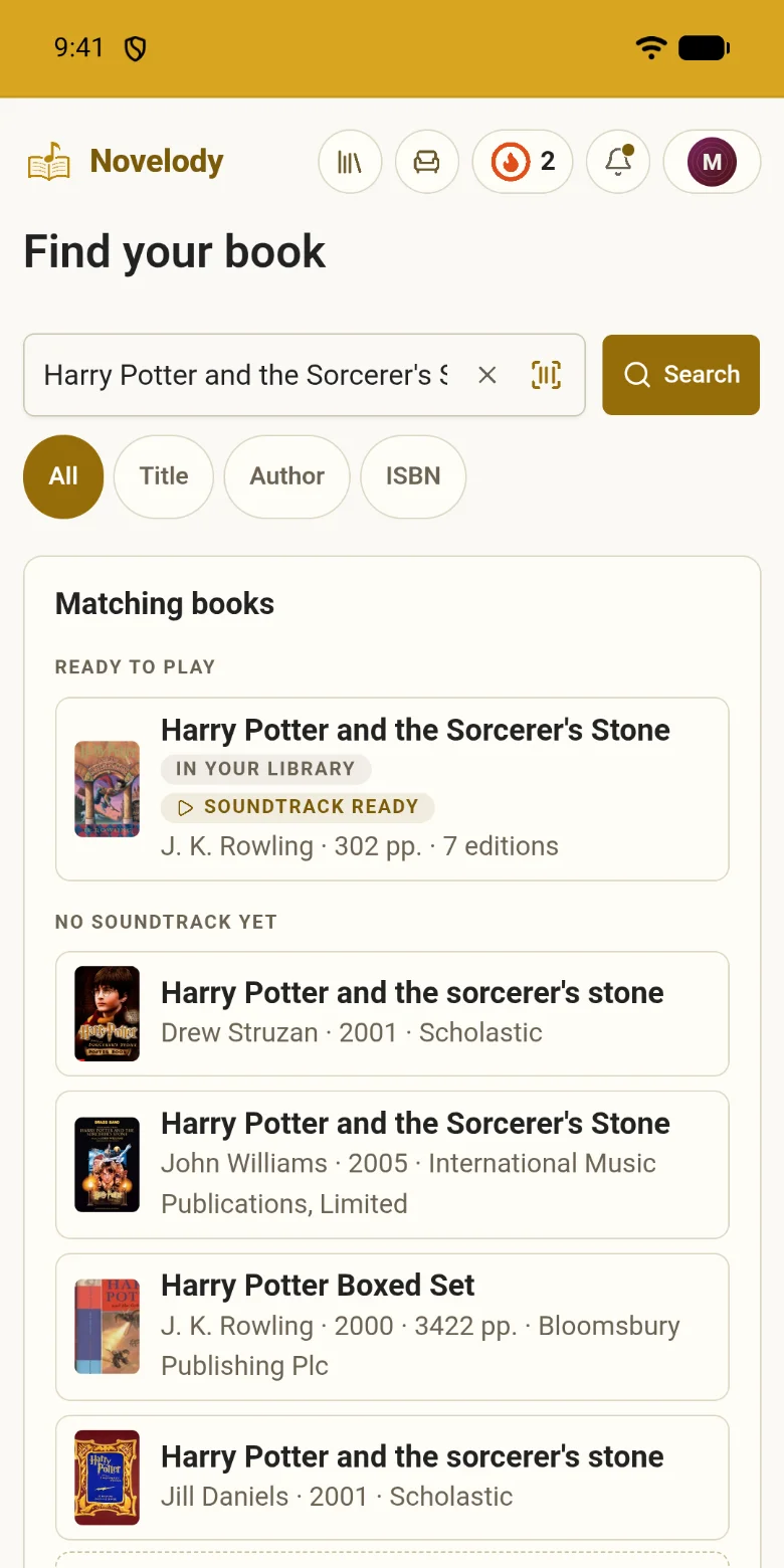 The search with a book typed in