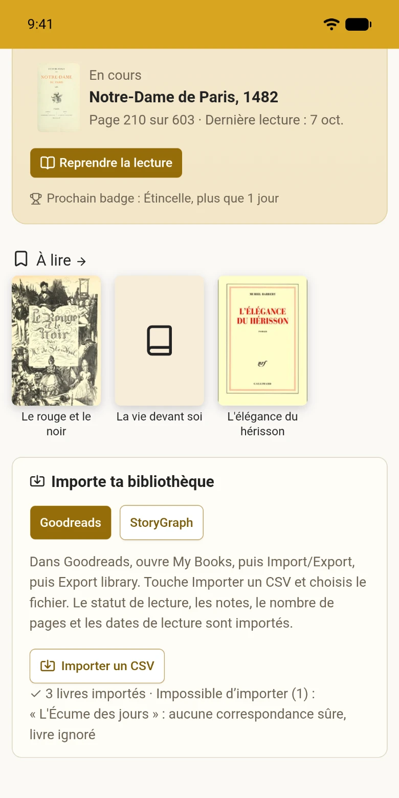 Un export Goodreads importé dans la bibliothèque