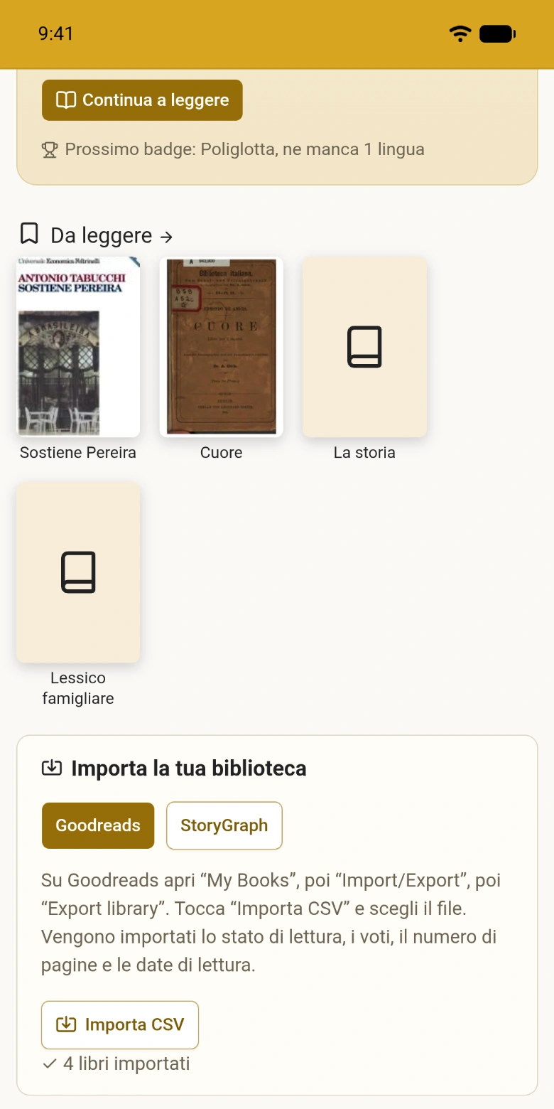 Un’esportazione di Goodreads importata nella libreria