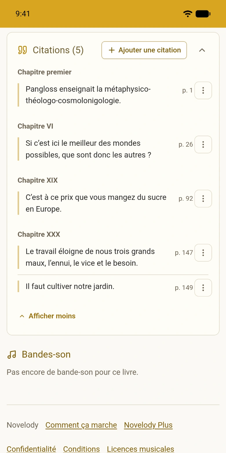 Les citations d’un livre, regroupées par chapitre