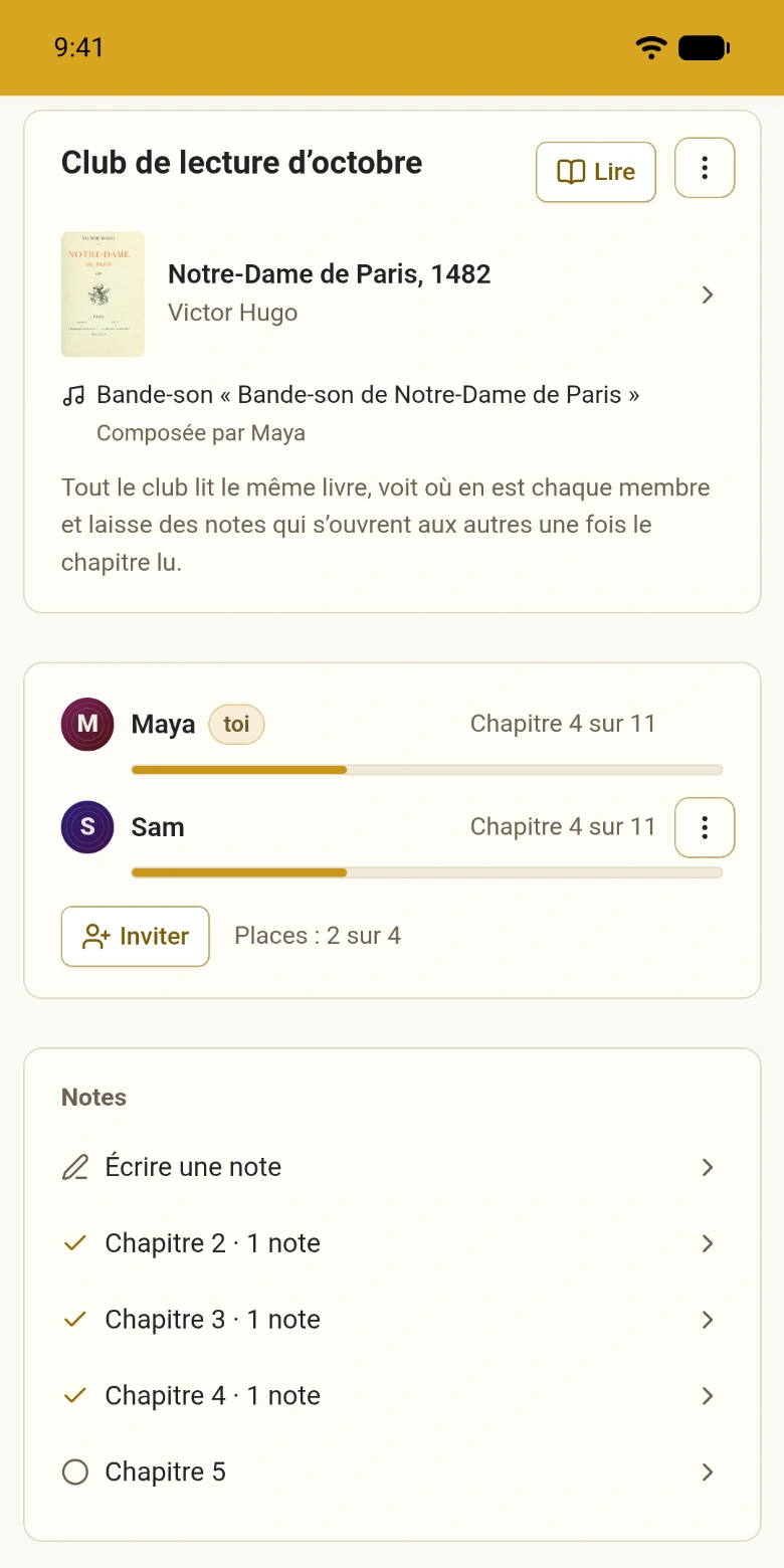 Un club de lecture avec ses membres et ses chapitres