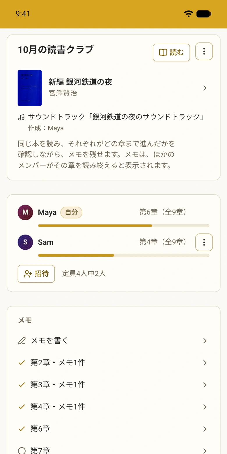メンバーと章が並ぶ読書クラブ