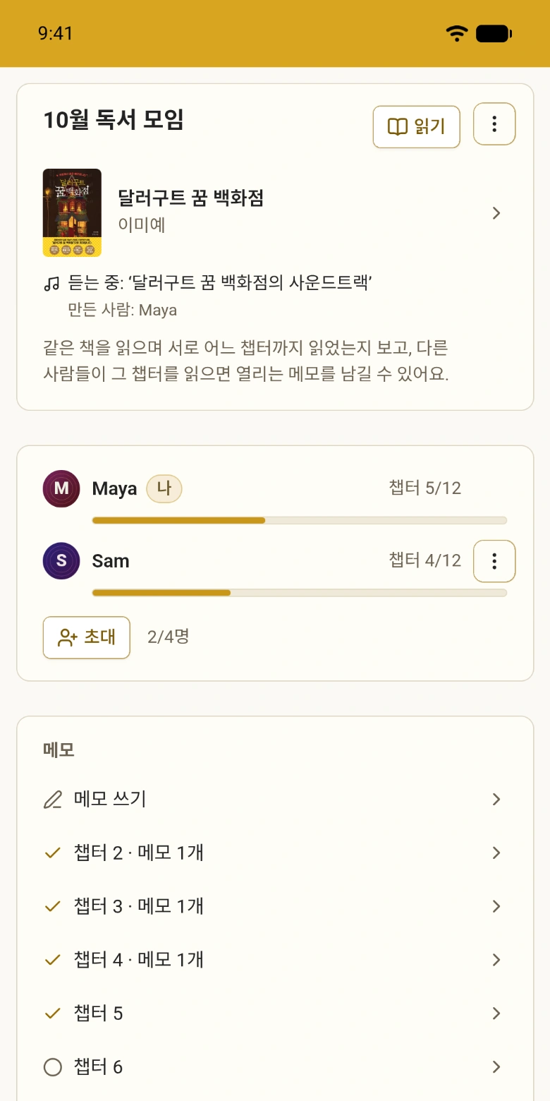 참여한 사람과 챕터가 보이는 독서 모임