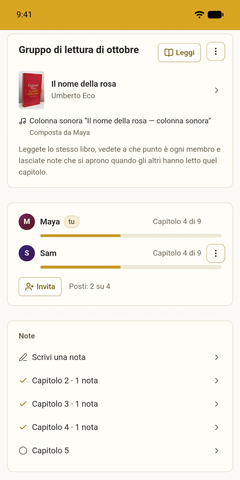 Un gruppo di lettura con i suoi membri e i suoi capitoli
